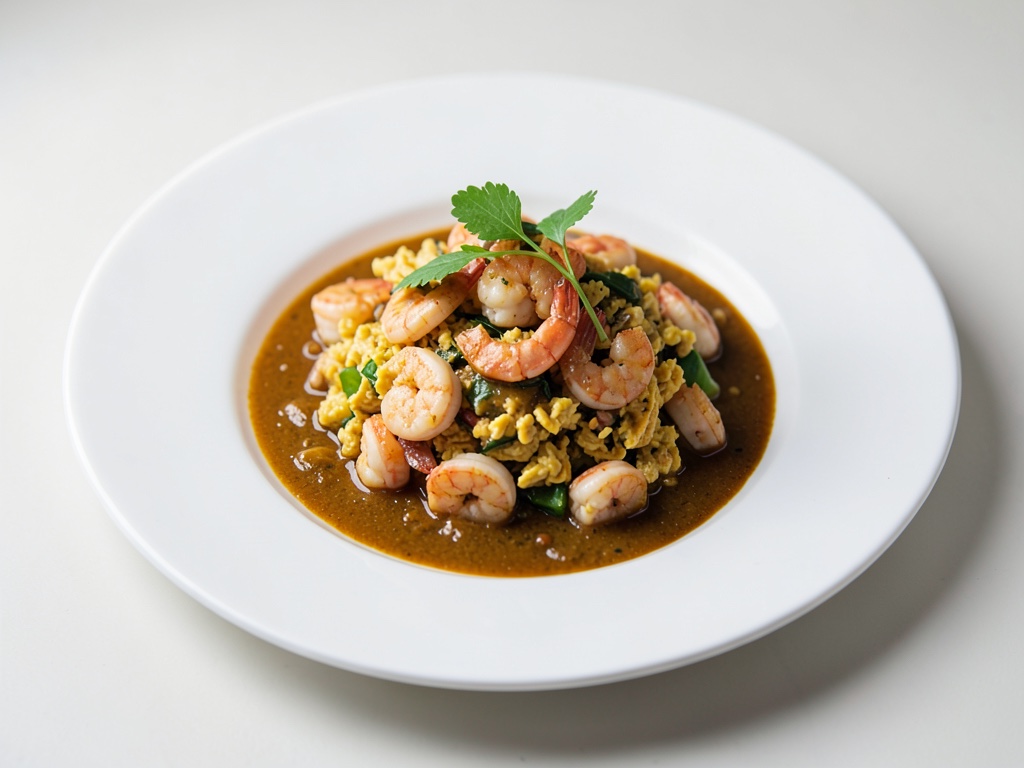 Uova strapazzate con gamberi del Mare del Nord e curry