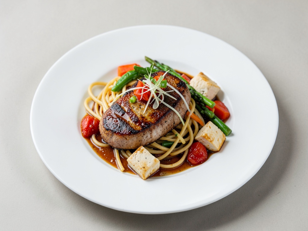 Pfanne mit Nudeln, Gemüse und Tofu