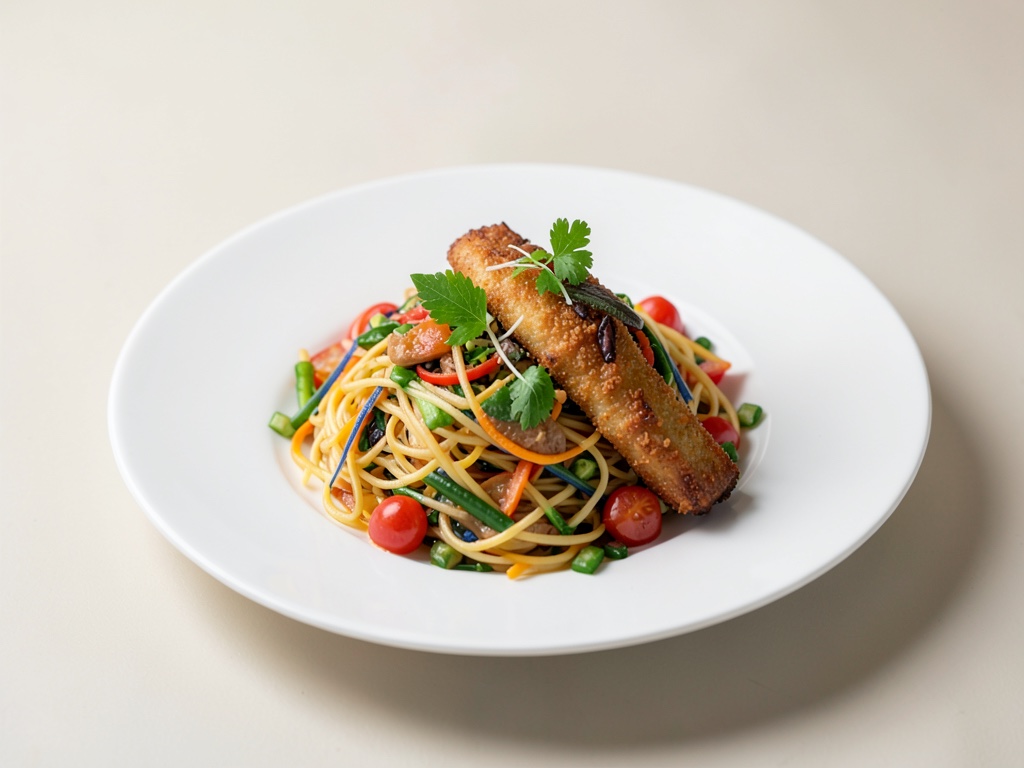 Insalata di pasta e verdure colorate con pesce fritto