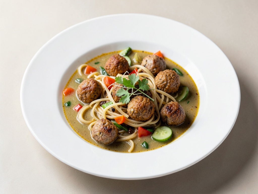 Sopa de verduras y fideos con albóndicas de carne frita