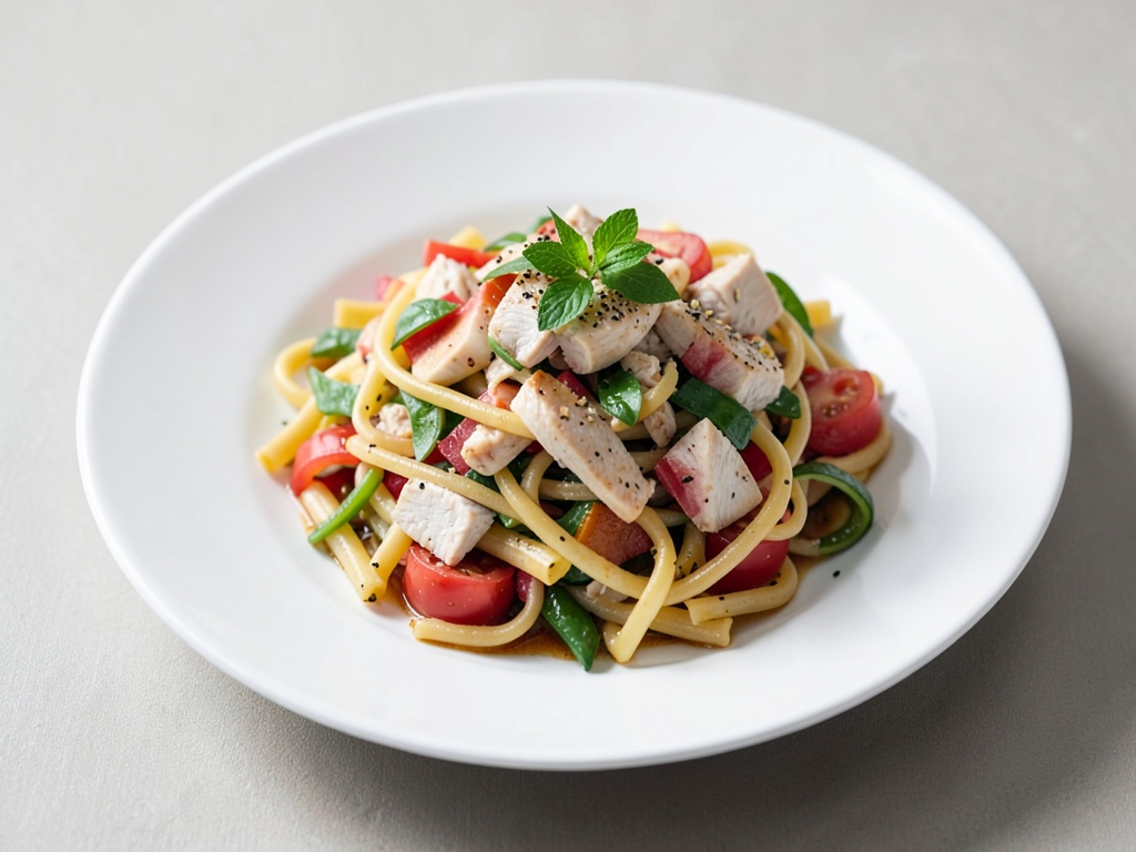 Insalata di pasta fruttata con pollo e verdure