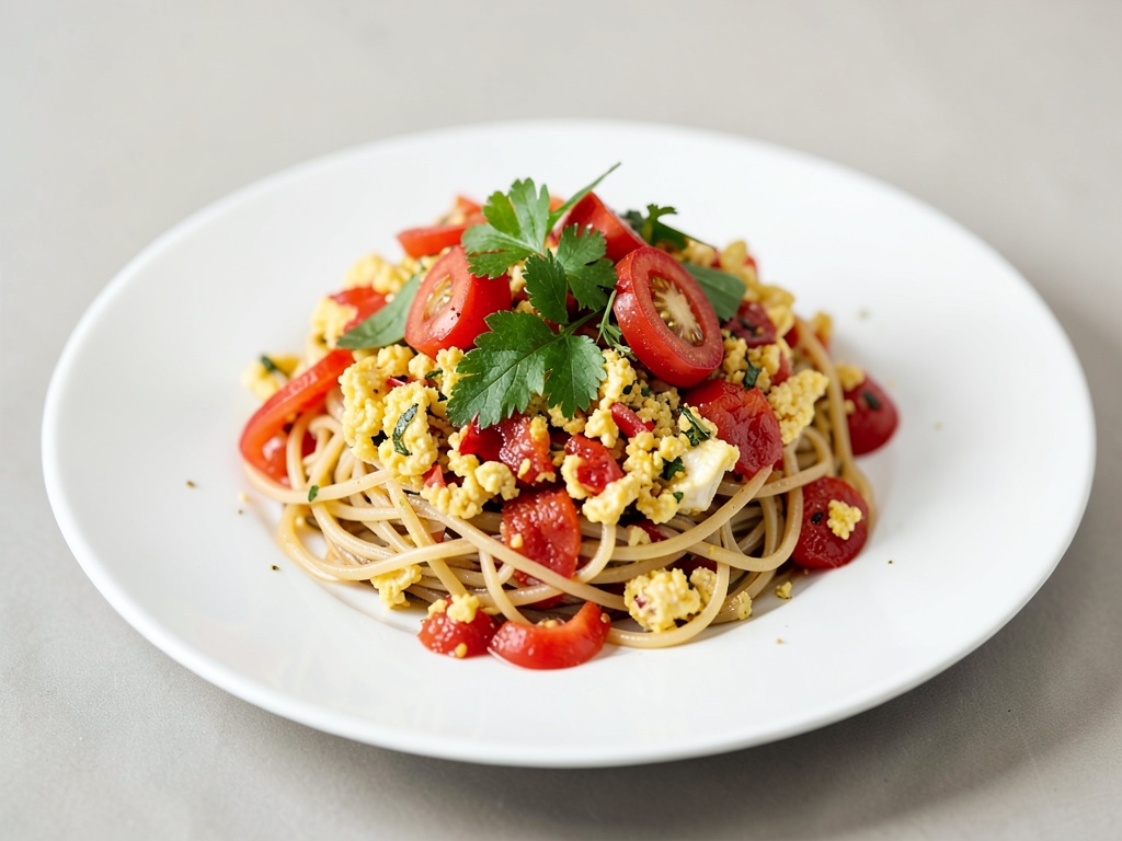 Nudel-Rührei mit Tomatensalat