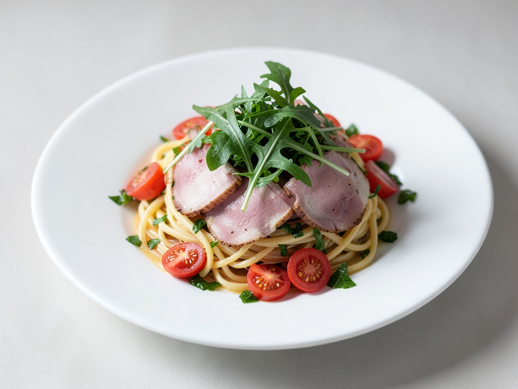 Insalata fresca di pasta, prosciutto, rucola e pomodori