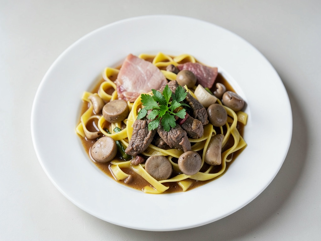Wok-Nudeln mit Fleisch und Pilzen