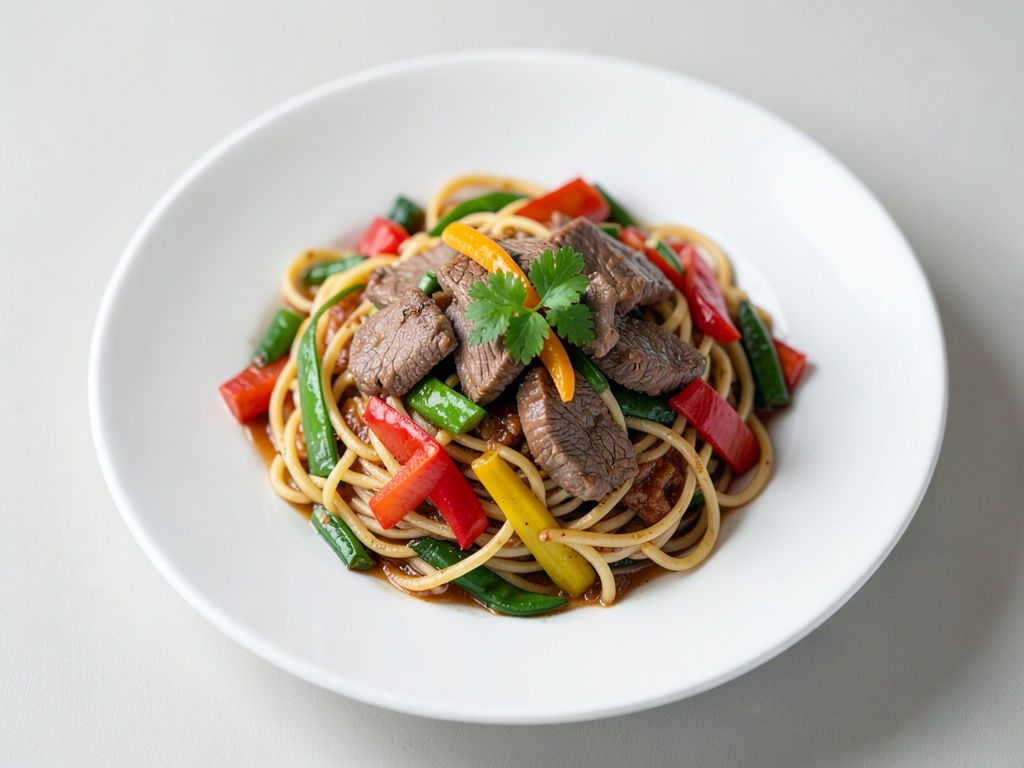 Wok-Nudeln mit Rindfleisch und buntem Gemüse