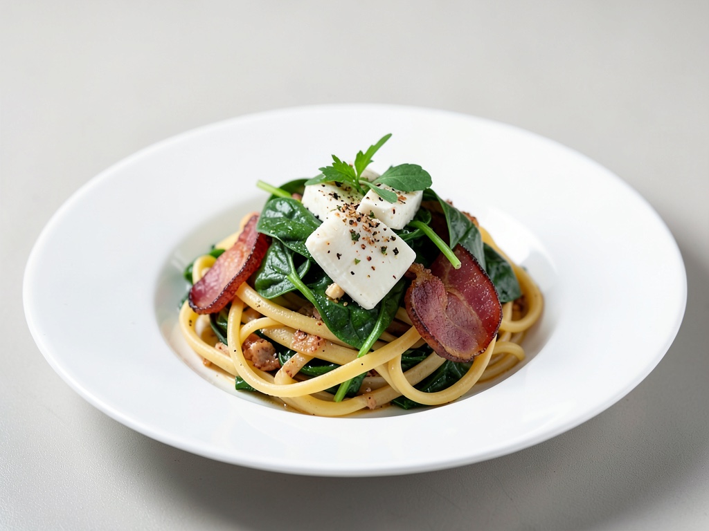 Bandnudeln mit Blattspinat, Schafskäse und Speck