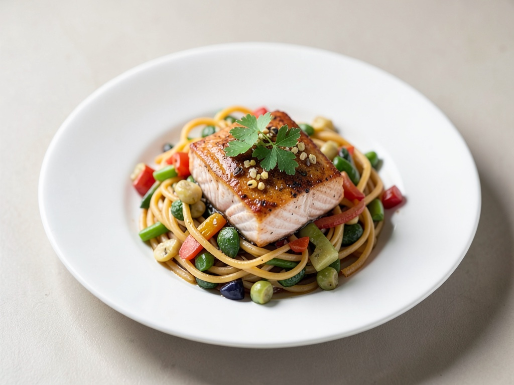 Lachs-Nudel-Pfanne mit frischem Gemüse