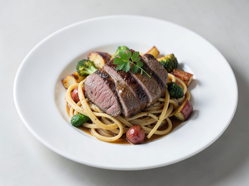 Roastbeef-Nudeln mit Ofengemüse