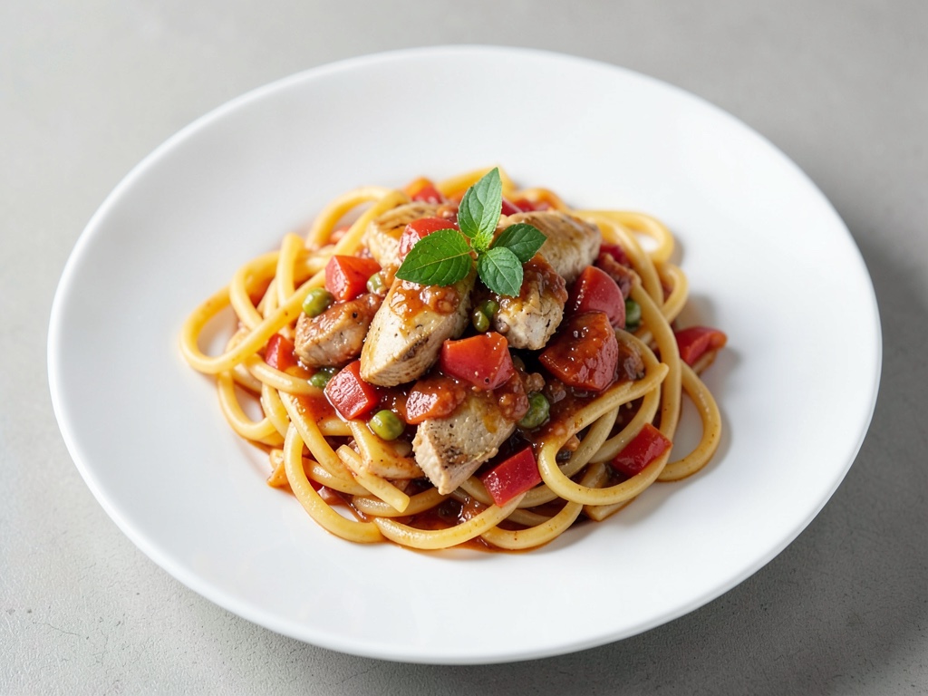 Hähnchen-Nudeln mit fruchtiger Tomaten-Paprika-Soße