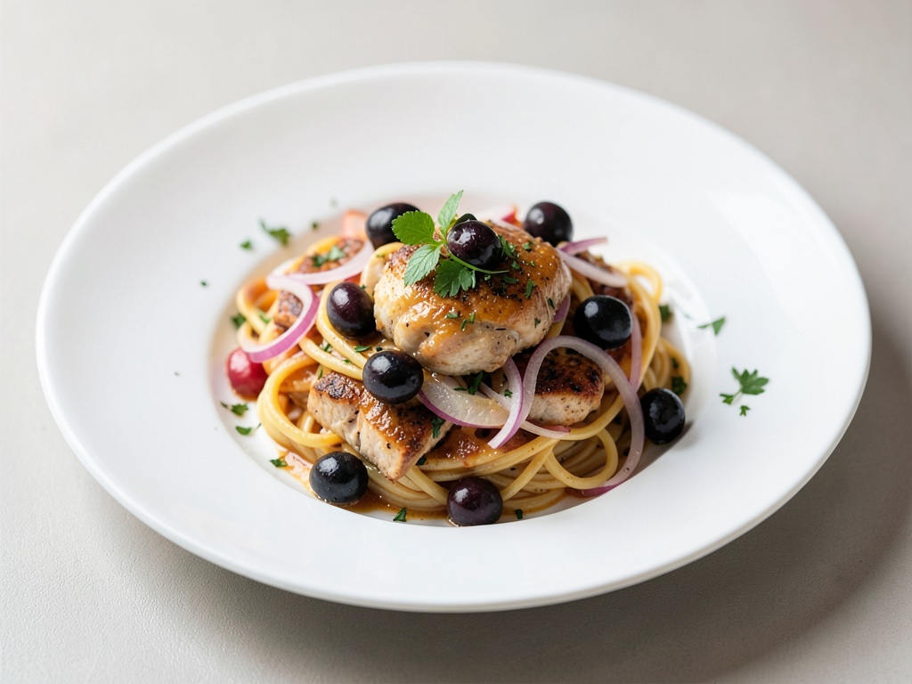 Hähnchen-Nudeln mit Oliven und roten Zwiebeln