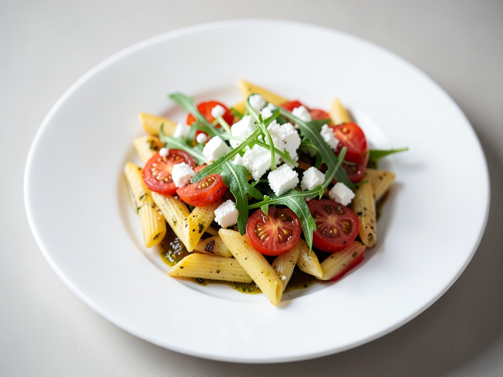 Penne mit Feta, Tomaten und Rucola