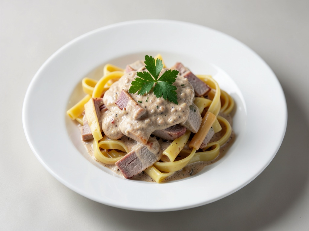 Kalbfleisch-Nudeln mit cremiger Thunfischsauce