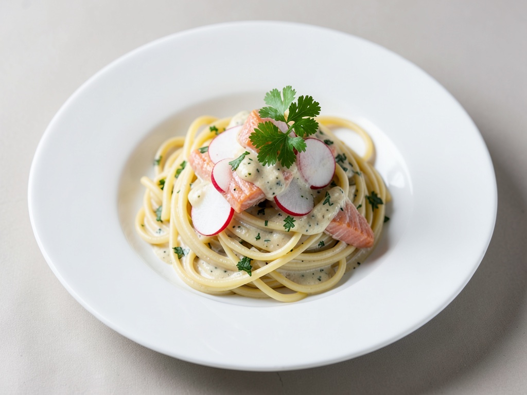 Cremige Spaghetti mit Lachs und Radieschen