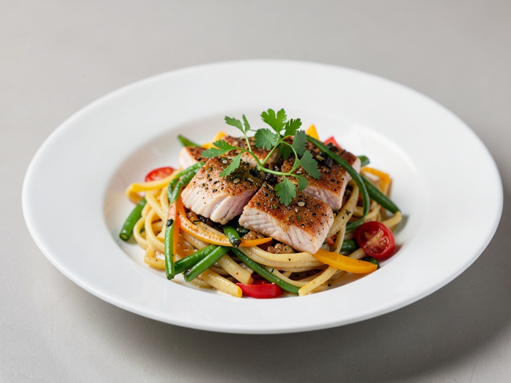 Lachs-Nudeln mit buntem Gemüse