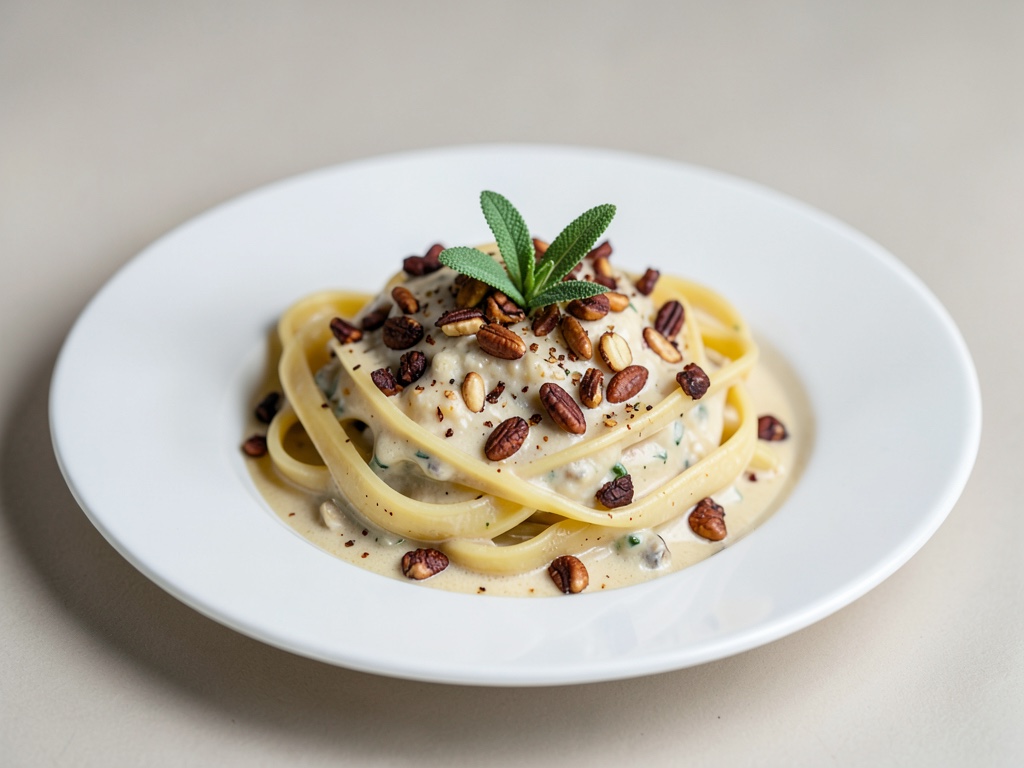 Cremige Nudeln mit gerösteten Nüssen und Salbei