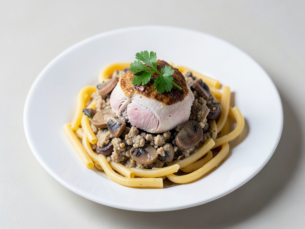 Puten-Pilz-Ragout auf Nudeln