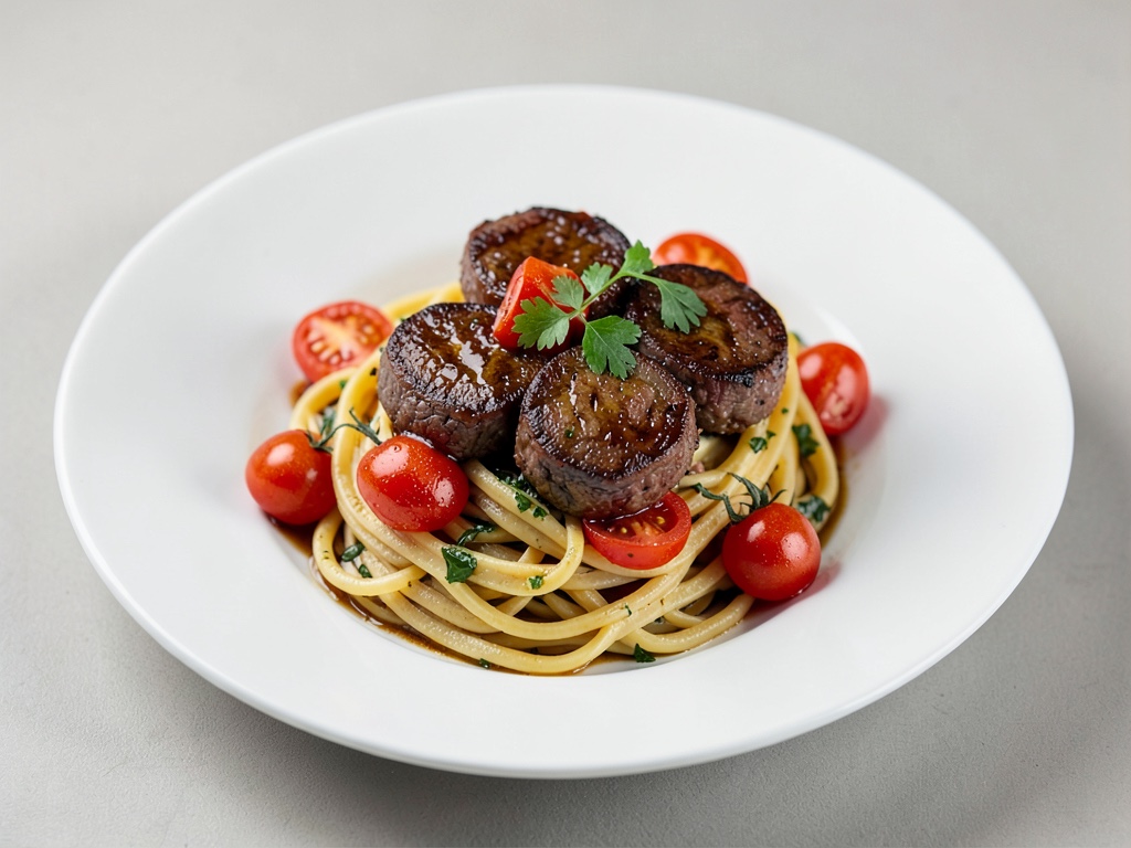Rinderfilet-Röllchen mit Tomaten auf Reginette-Nudeln