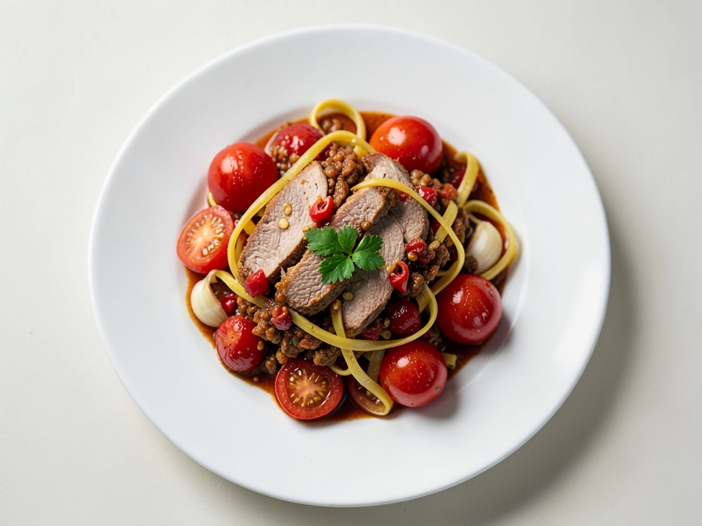 Hähnchenragout mit Tomaten auf Nudeln