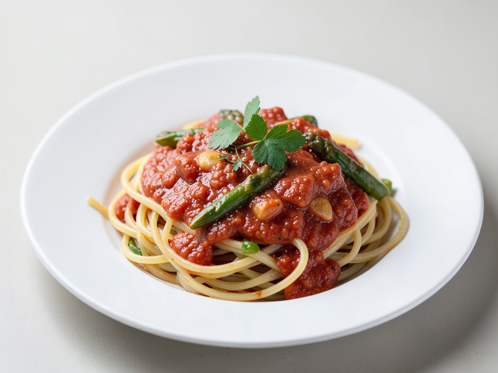Spaghetti mit cremiger Tomaten-Spargel-Pfanne
