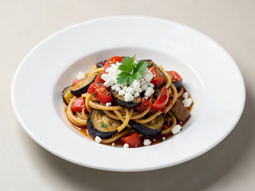 Auberginen-Tomaten-Nudeln mit Schafskäse