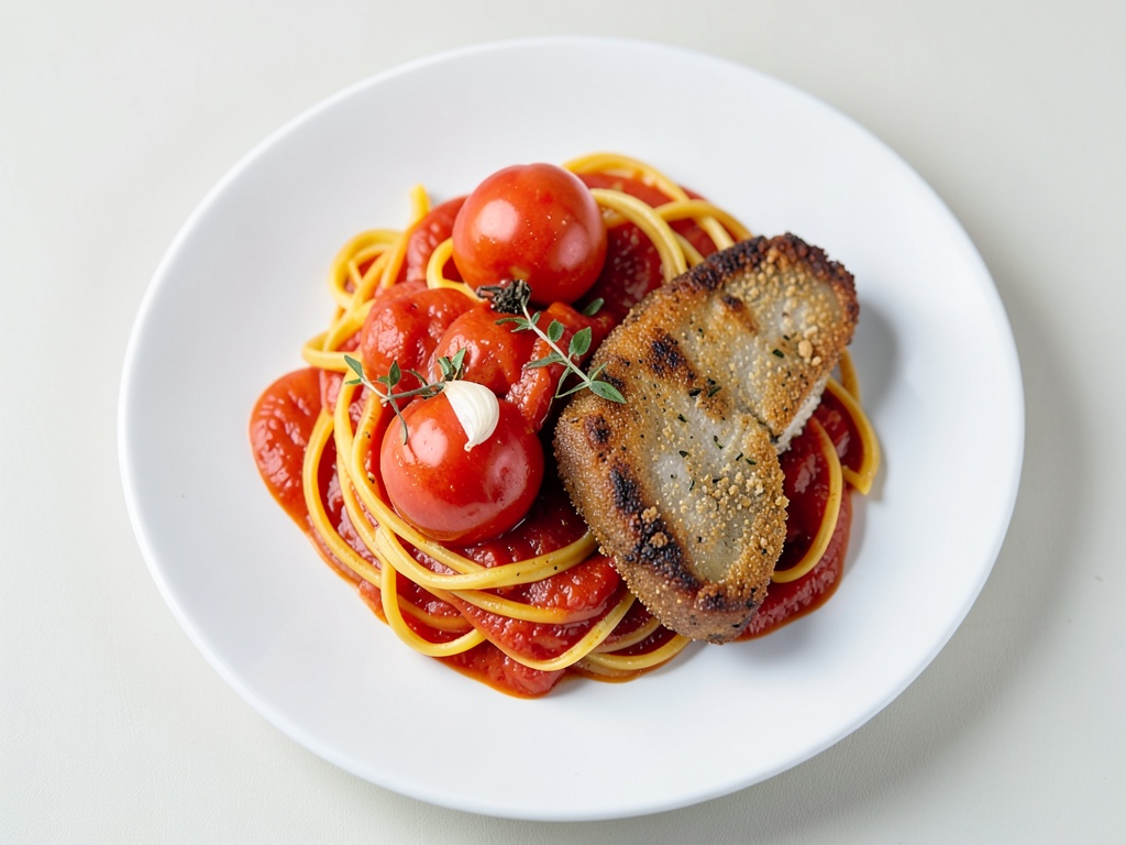Spaghetti mit Tomatensoße und paniertem Schnitzel