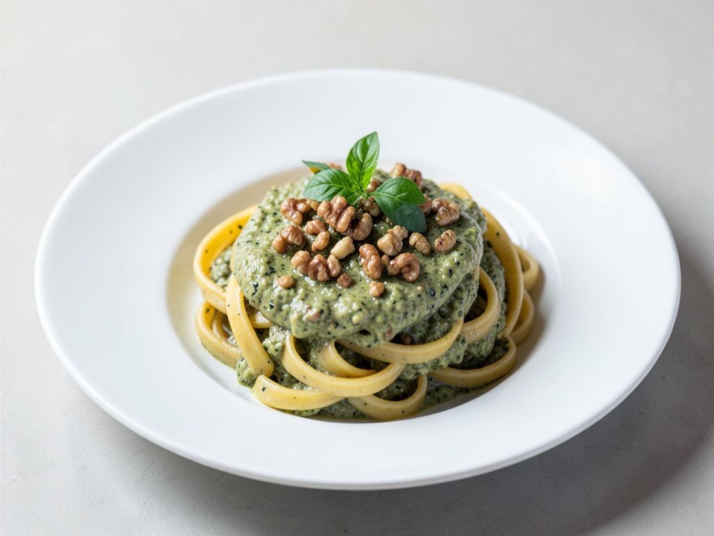 Bandnudeln mit cremigem Walnuss-Basilikum-Pesto und Roquefort