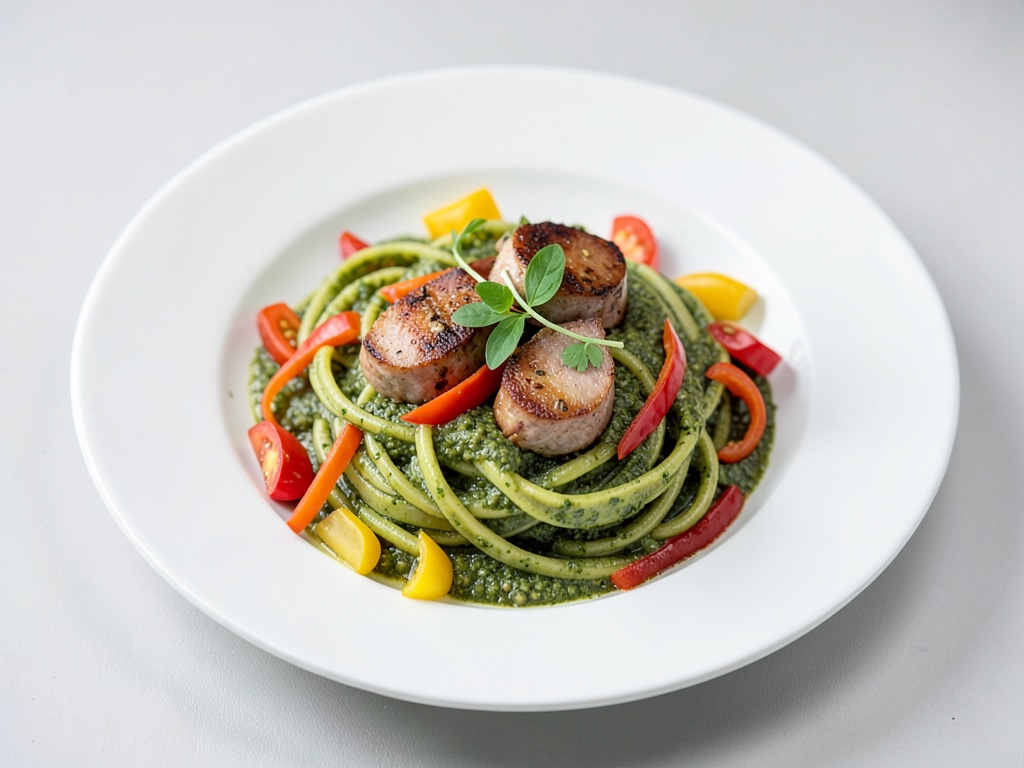 Pesto-Nudeln mit Wurst und buntem Gemüse