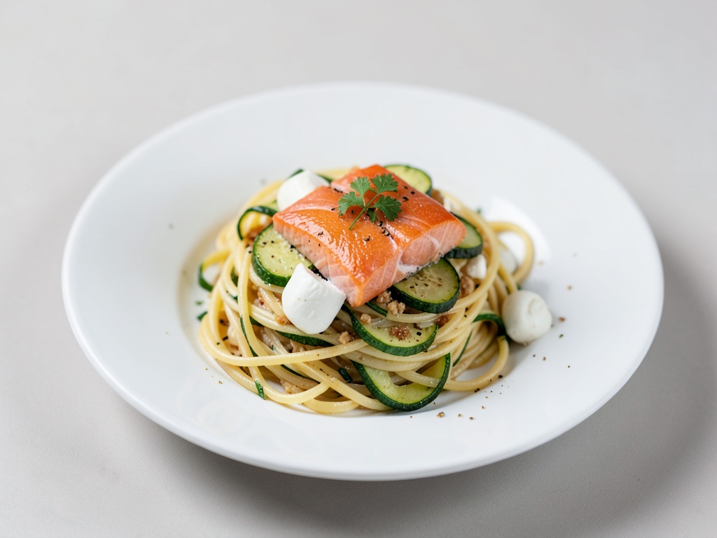 Spaghetti mit Zucchini, Lachs und Mozzarella