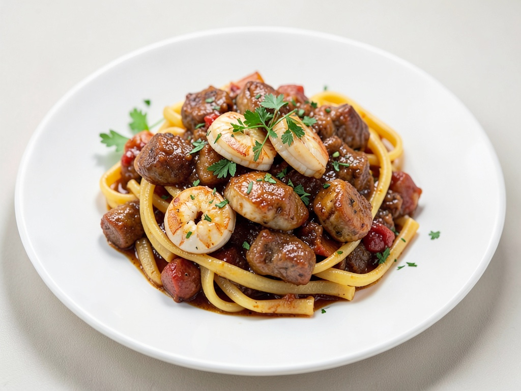 Gemüse-Wurst-Nudelpfanne mit Muscheln und Garnelen