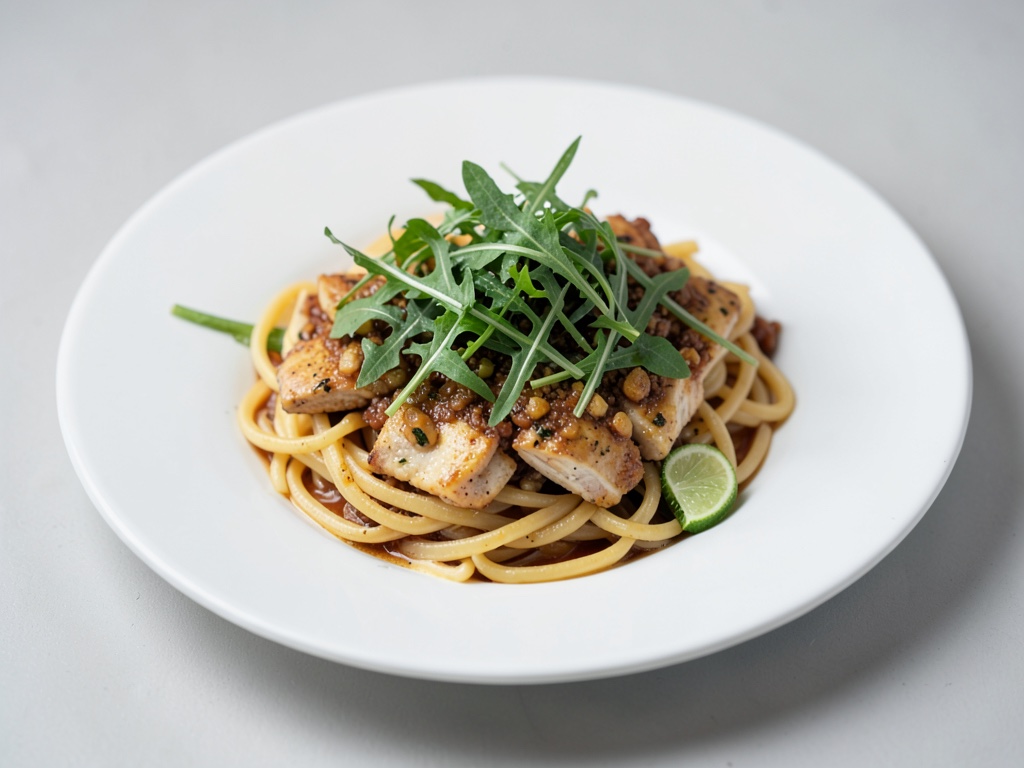 Hähnchen-Nudelpfanne mit Rucola und Limette