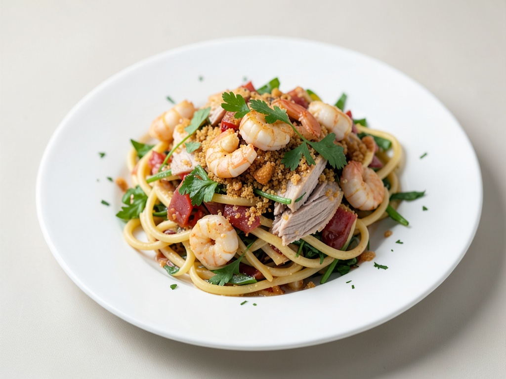 Knuspriger Puten-Nudelsalat mit Garnelen