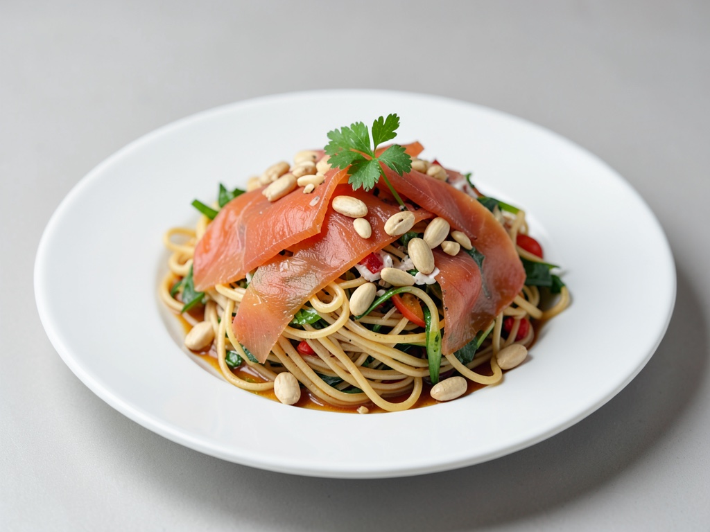 Asiatischer Nudelsalat mit Räucherlachs und Erdnüssen