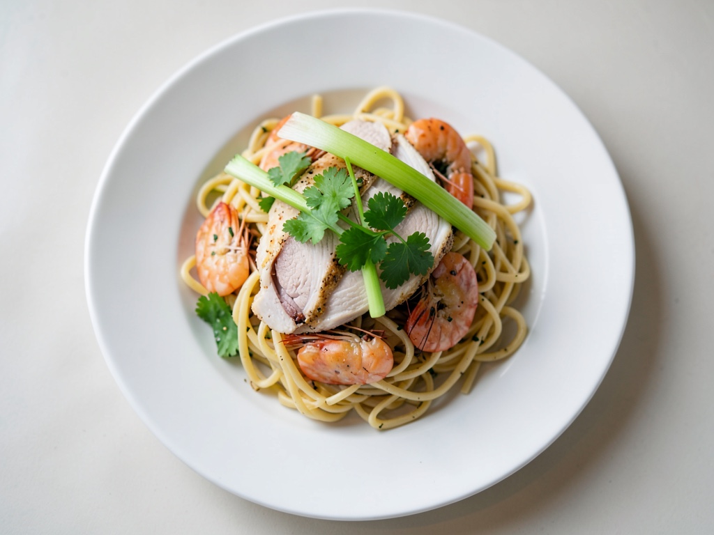 Nudelsalat mit Entenbrust und Garnelen