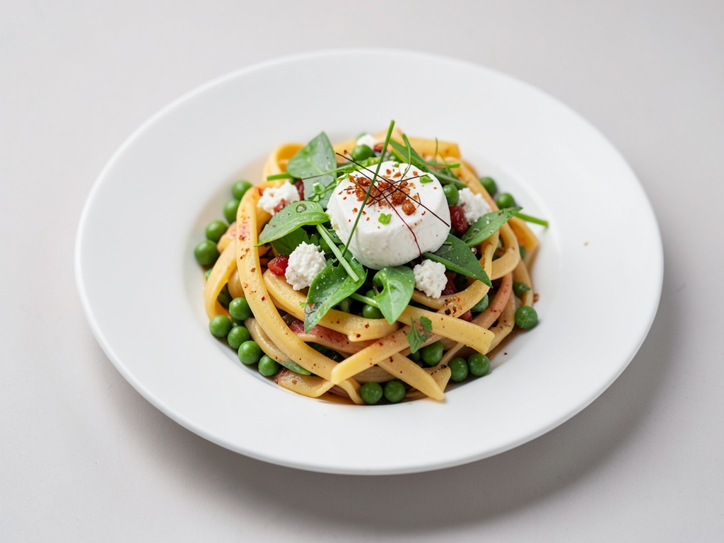 Nudelsalat mit Erbsen und Burrata