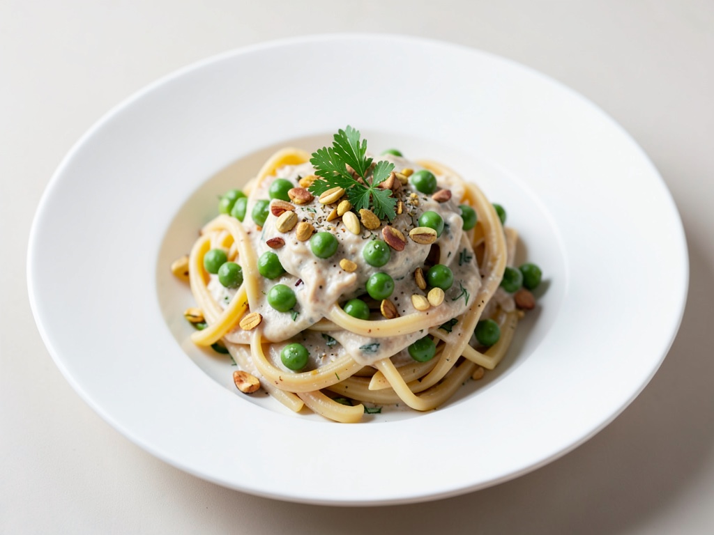 Cremiger Nudelsalat mit Erbsen und Pistazien