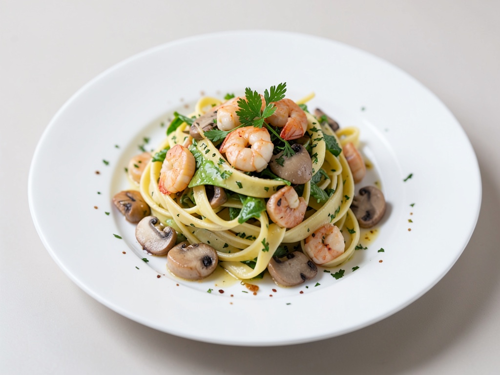 Kalter Nudelsalat mit Garnelen und Champignons