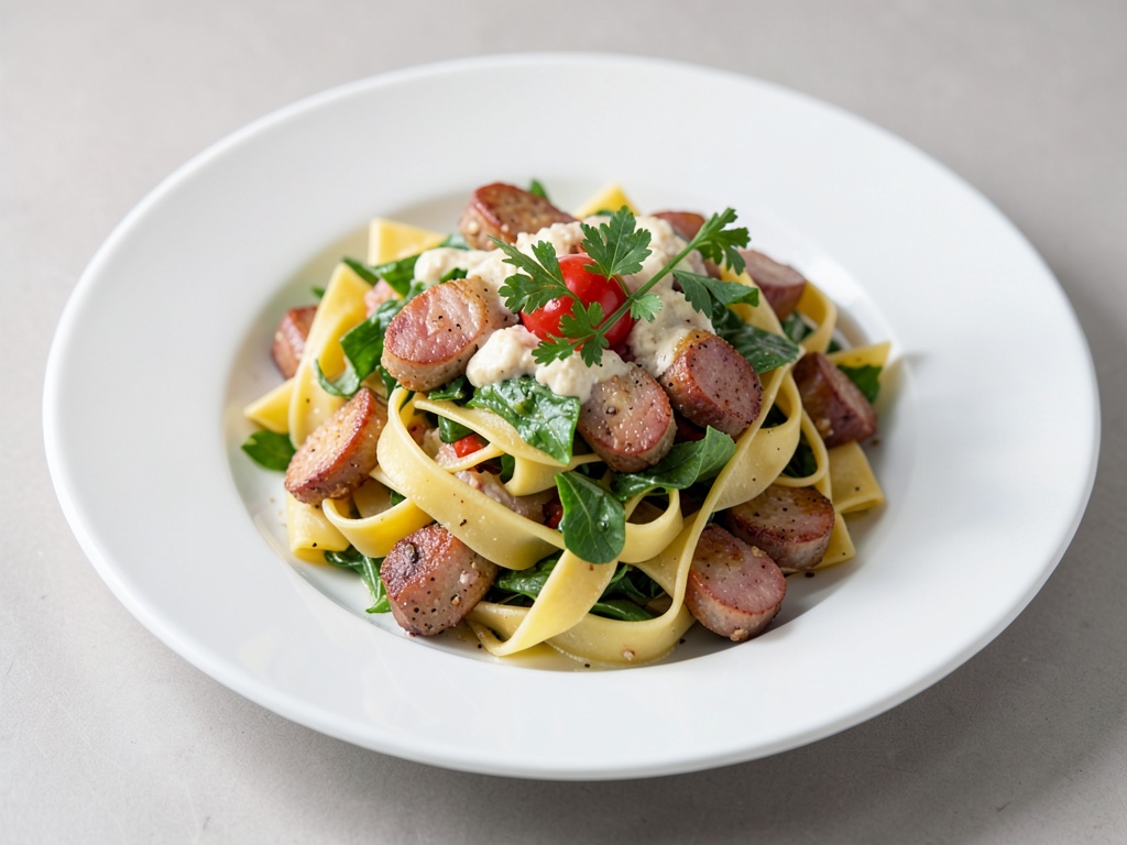 Ensalada de pasta fresca con salchicha de pollo