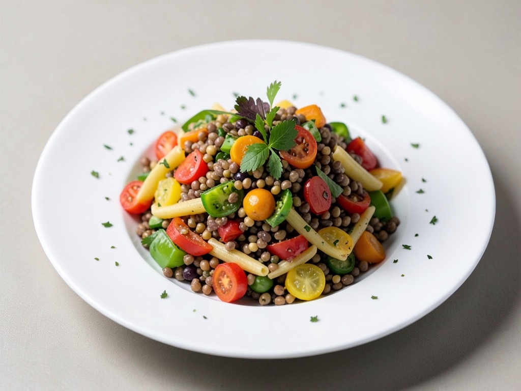 Bunter Nudelsalat mit Berglinsen und frischem Gemüse