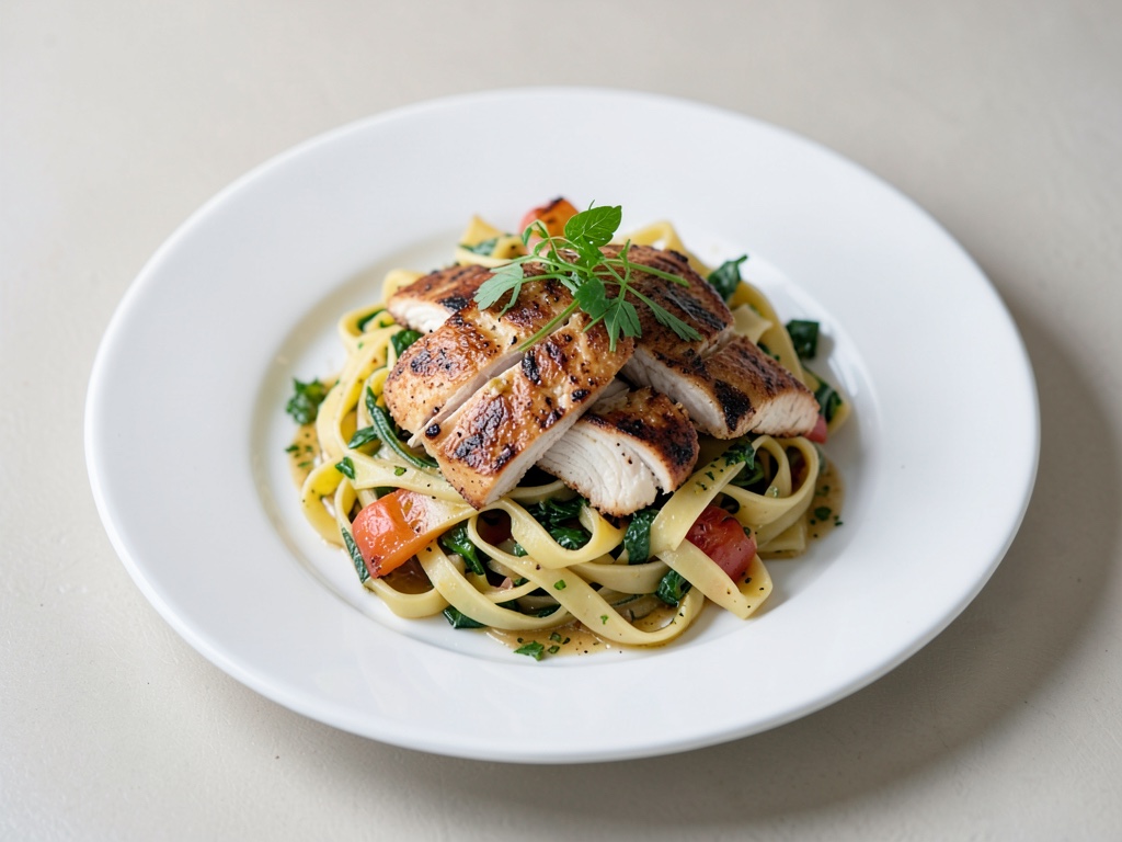 Warm-kalter Nudelsalat mit gegrilltem Hähnchen