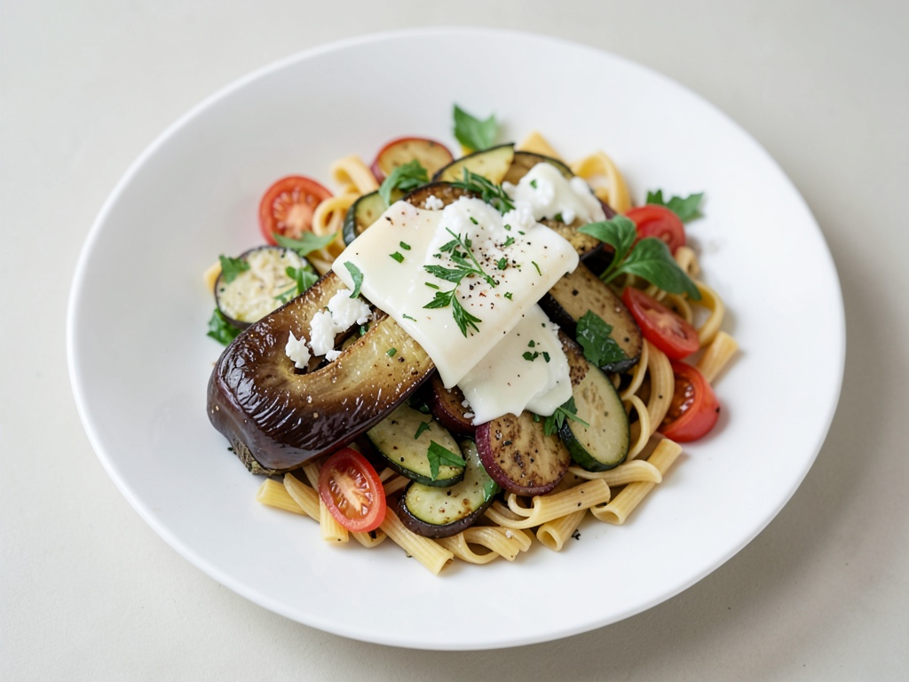 Frischer Nudelsalat mit Aubergine, Tomate und Gouda