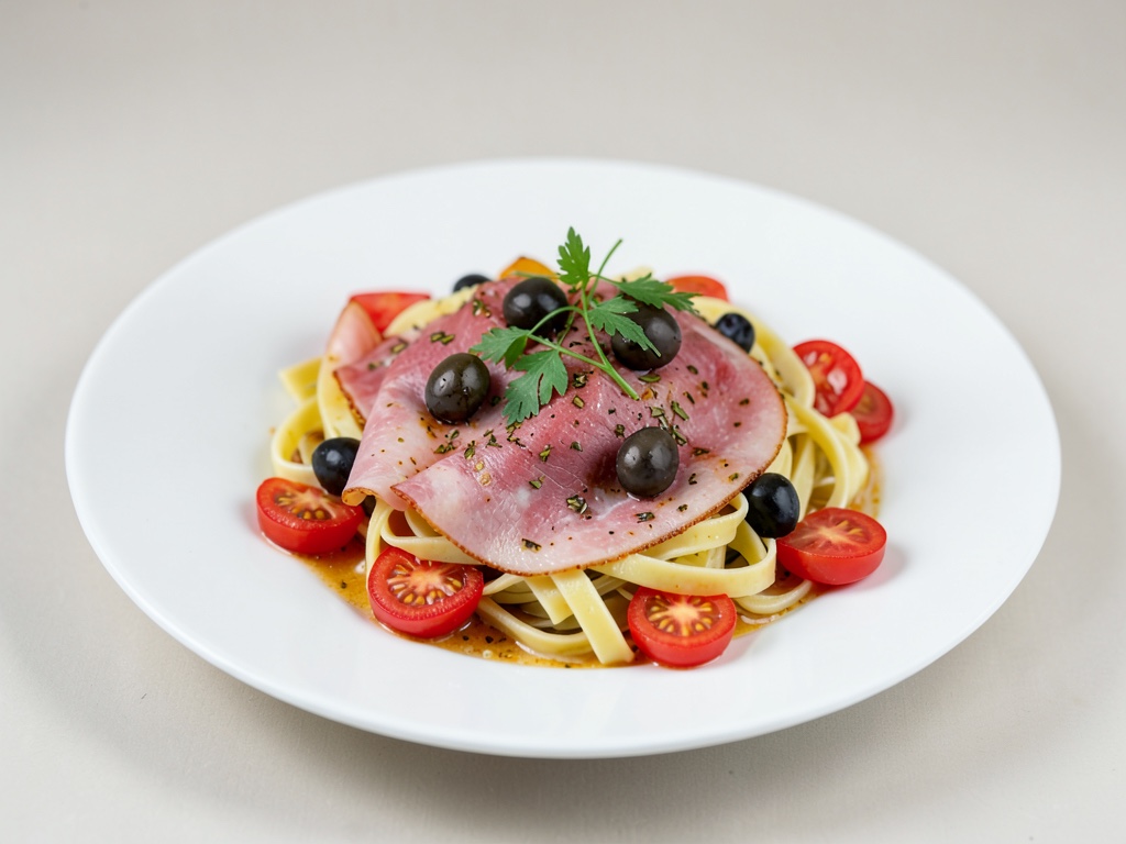 Frischer Nudelsalat mit Tomaten, Schinken und Oliven