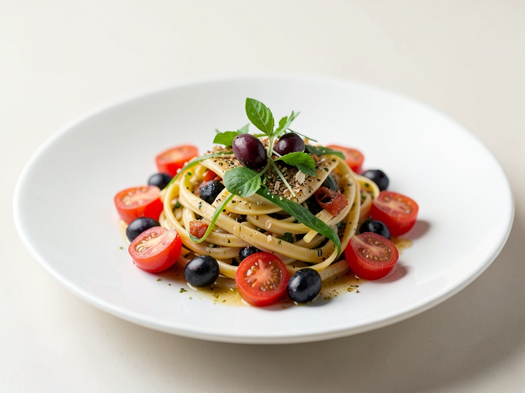 Veganer Nudelsalat mit Tomaten und Oliven