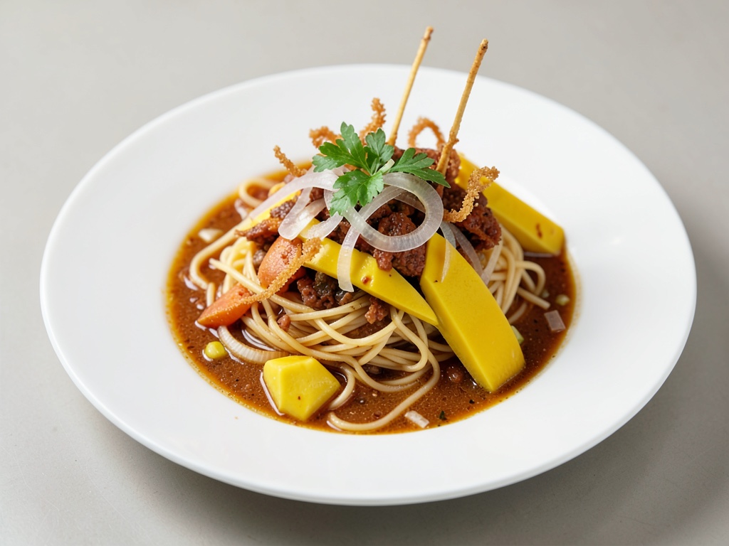 Chinesische Nudelsuppe mit Mango, Zwiebeln und knusprigen Nudeln
