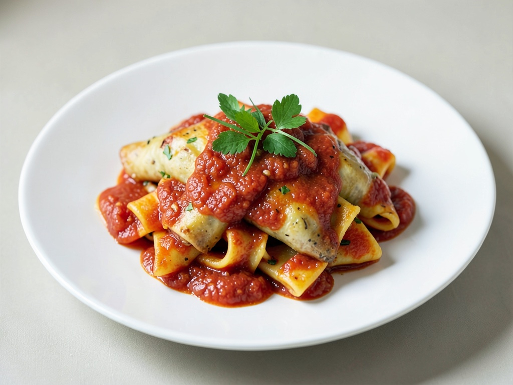 Hähnchen-Nudeltaschen mit Tomatensoße