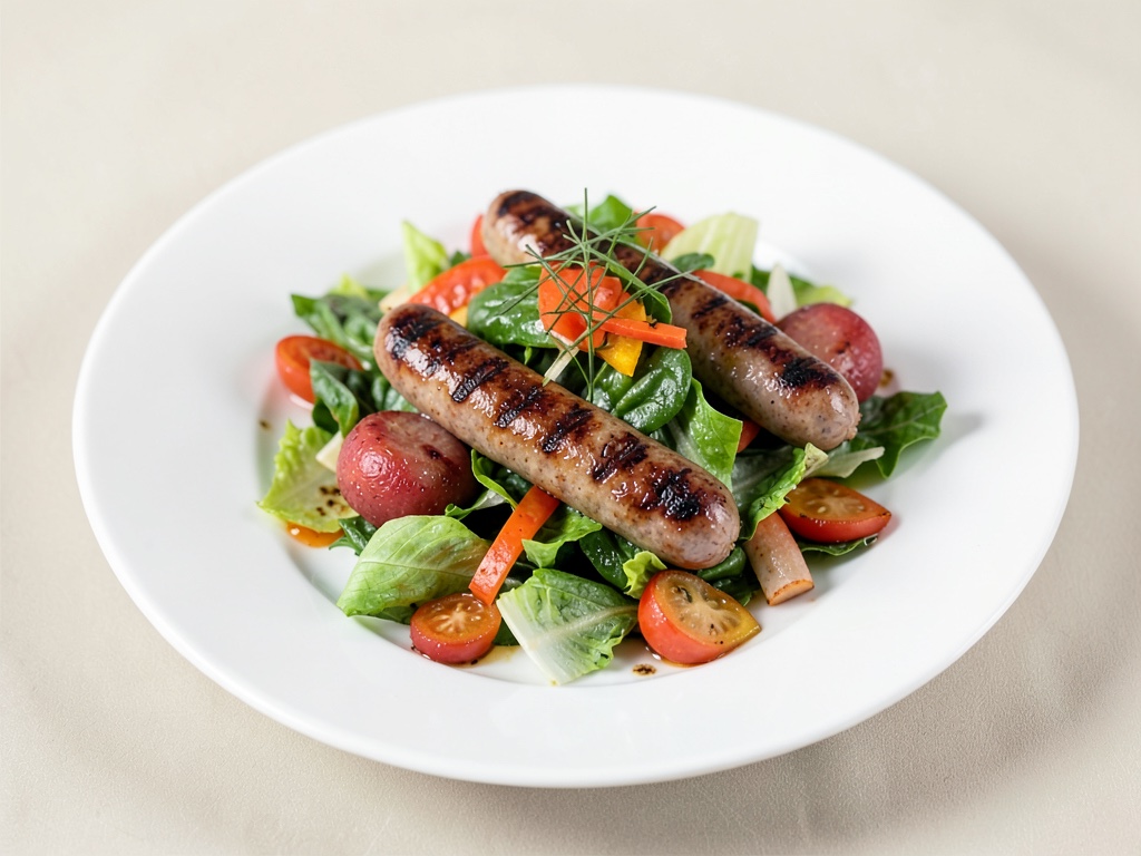 Insalata estiva di verdure con salsicce di Norimberga alla griglia