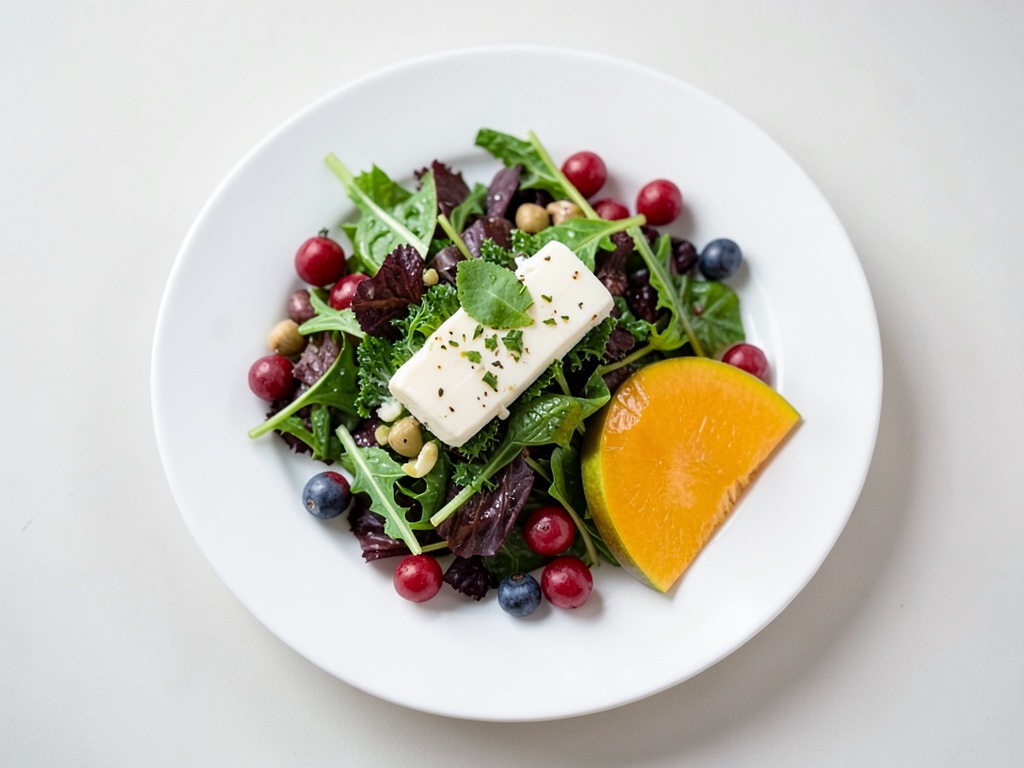 Piatto di frutta colorata con formaggio fresco e cicoria