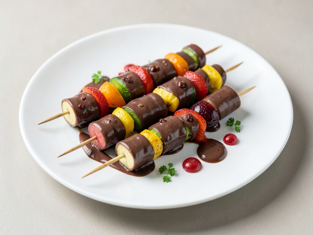 Bunte Fruchtspieße mit Schokoladenüberzug