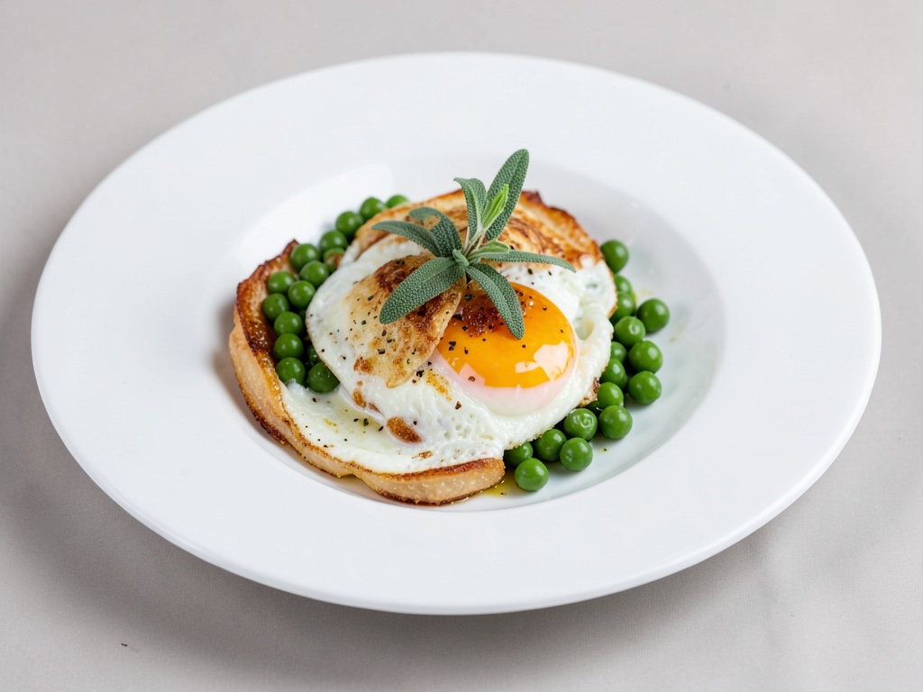 Huevos al horno con guisantes, salvia y galletas de queso