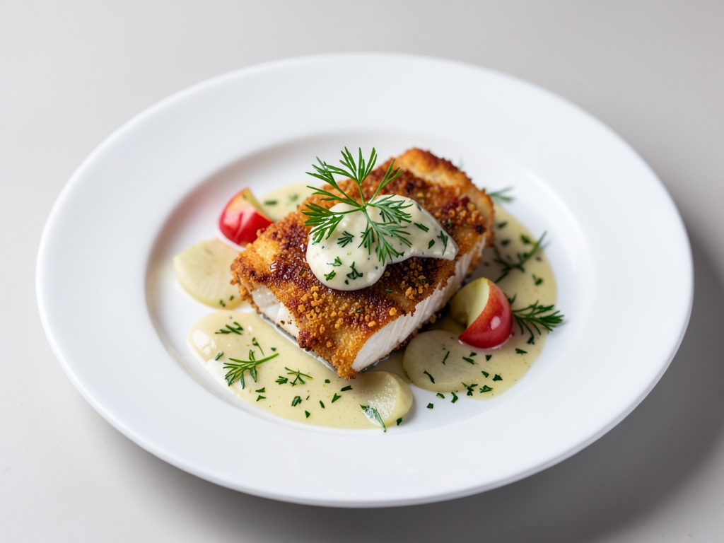 Pesce al forno croccante con vinaigrette di mela e aneto