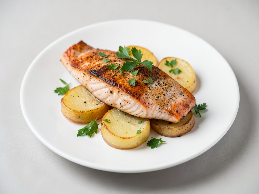 Saumon au four sur des anneaux de pommes de terre dorés